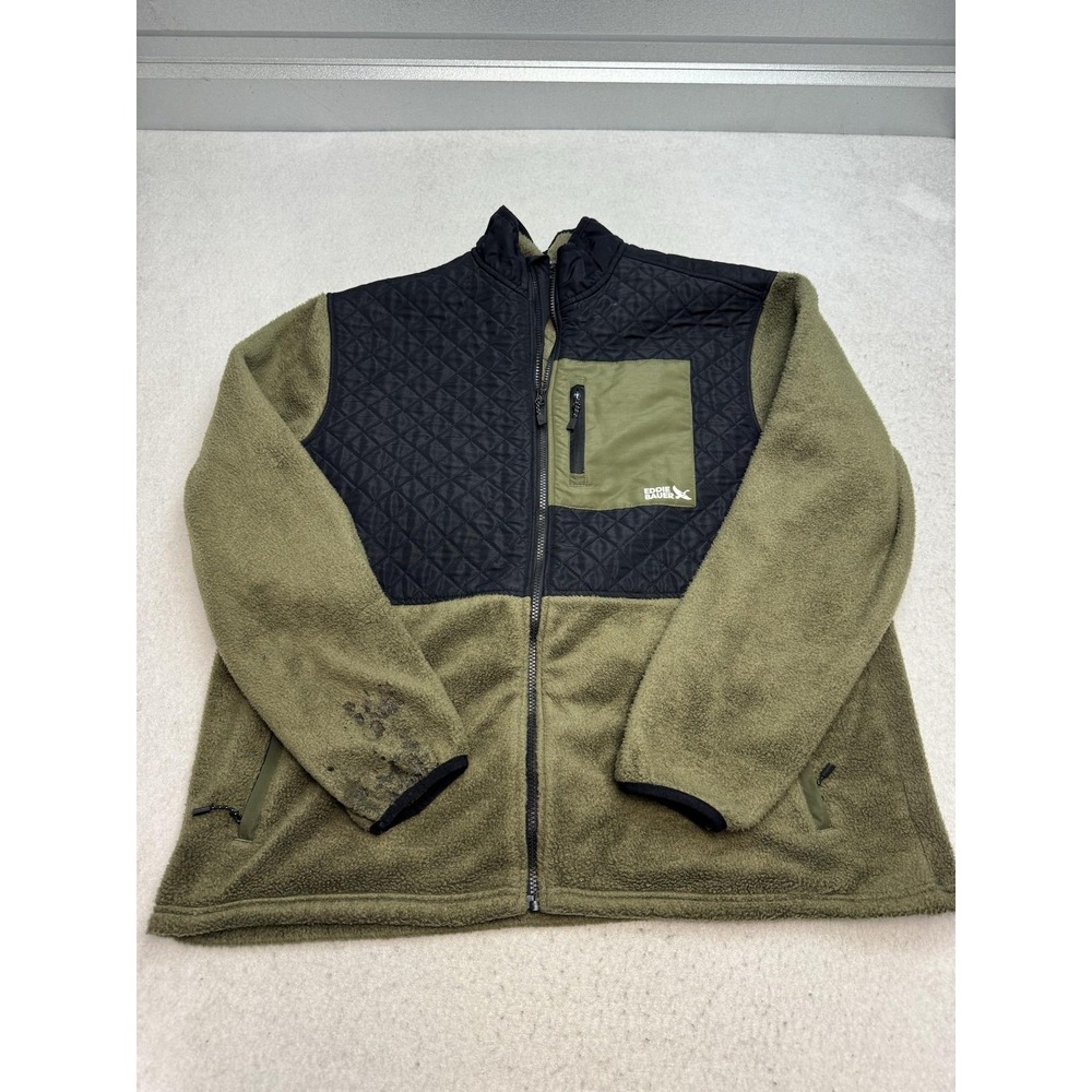 Eddie Bauer Jacket Mens XL Green Black Quilted Fleece Full Zip Pockets Outdoor